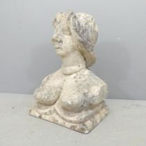 An unusual sculpted composite stone bust of a woman, indistinctly signed, Height 42cm.