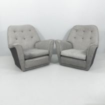 A pair of mid-century design club lounge chairs with two tone grey wool upholstery, in the manner of