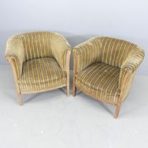 A pair of French Art Deco walnut and upholstered tub chairs. Some damage to upholstery. Some