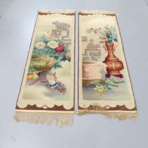 Two mid-century Chinese wall hangings with decorative scenes. 148x56cm.