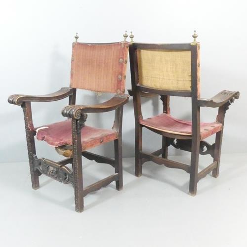 A pair of antique oak and upholstered Renaissance style throne chairs. Overall 66x125x62cm, seat - Image 2 of 2