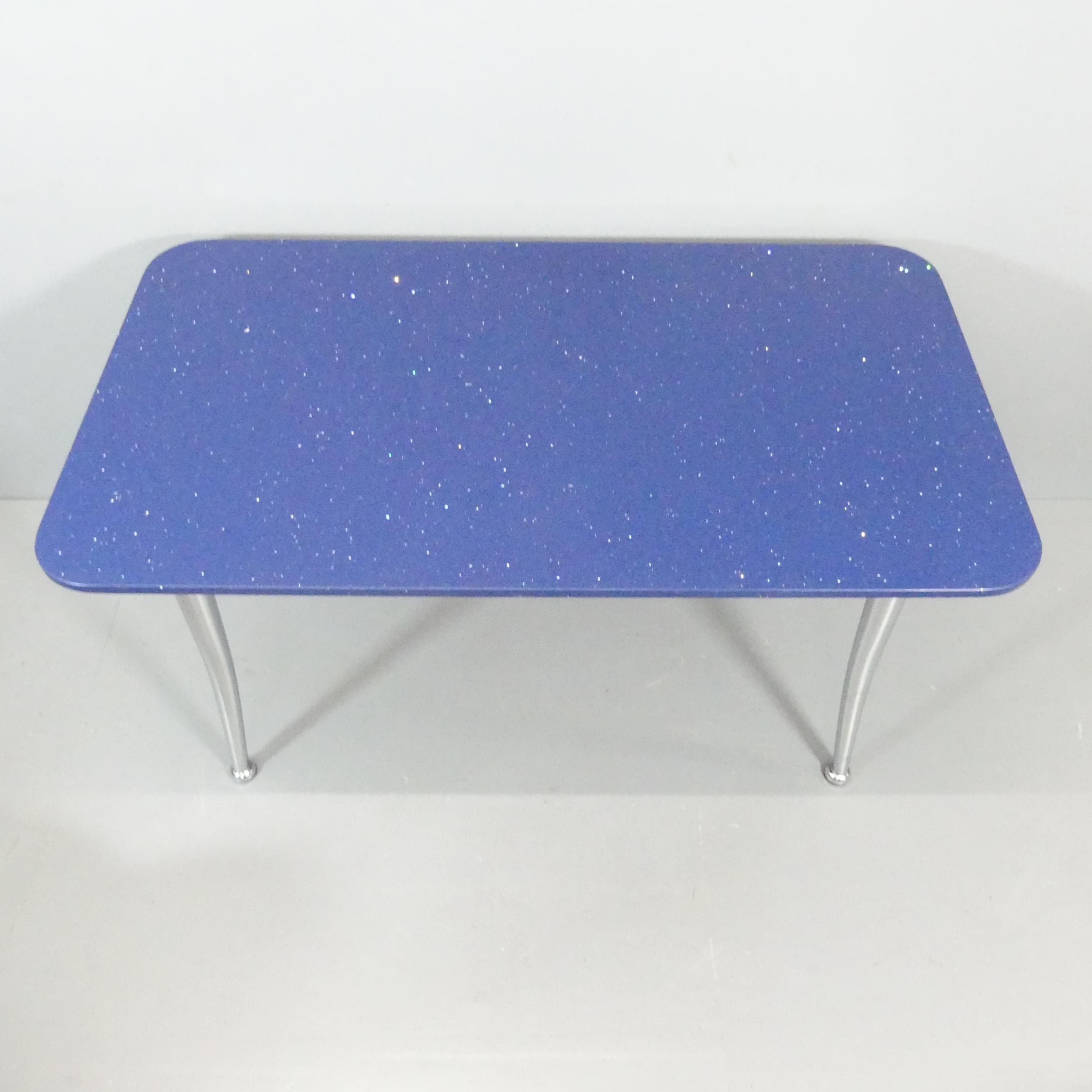 A 1980s dining table with sparkle blue quartz stone top on chrome swept out legs. 140x75x80cm. - Image 2 of 2