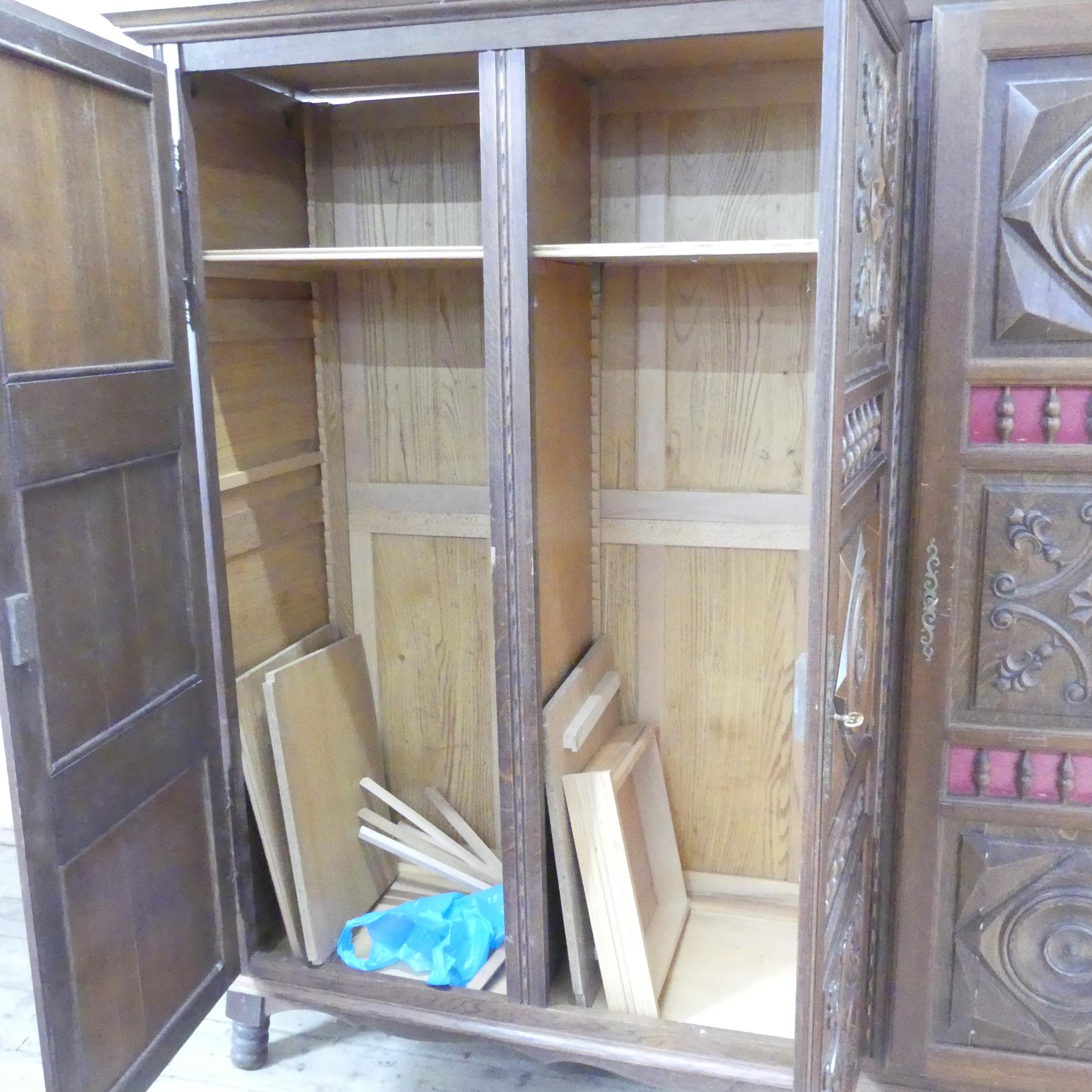 A French oak three-door armoire, with shelf fitted interior. 186x188x56cm. Interior has been - Image 2 of 6