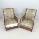 A pair of 1930s Art Deco oak and upholstered lounge chairs. Overall 63x82x82cm, seat 58x35x56cm.