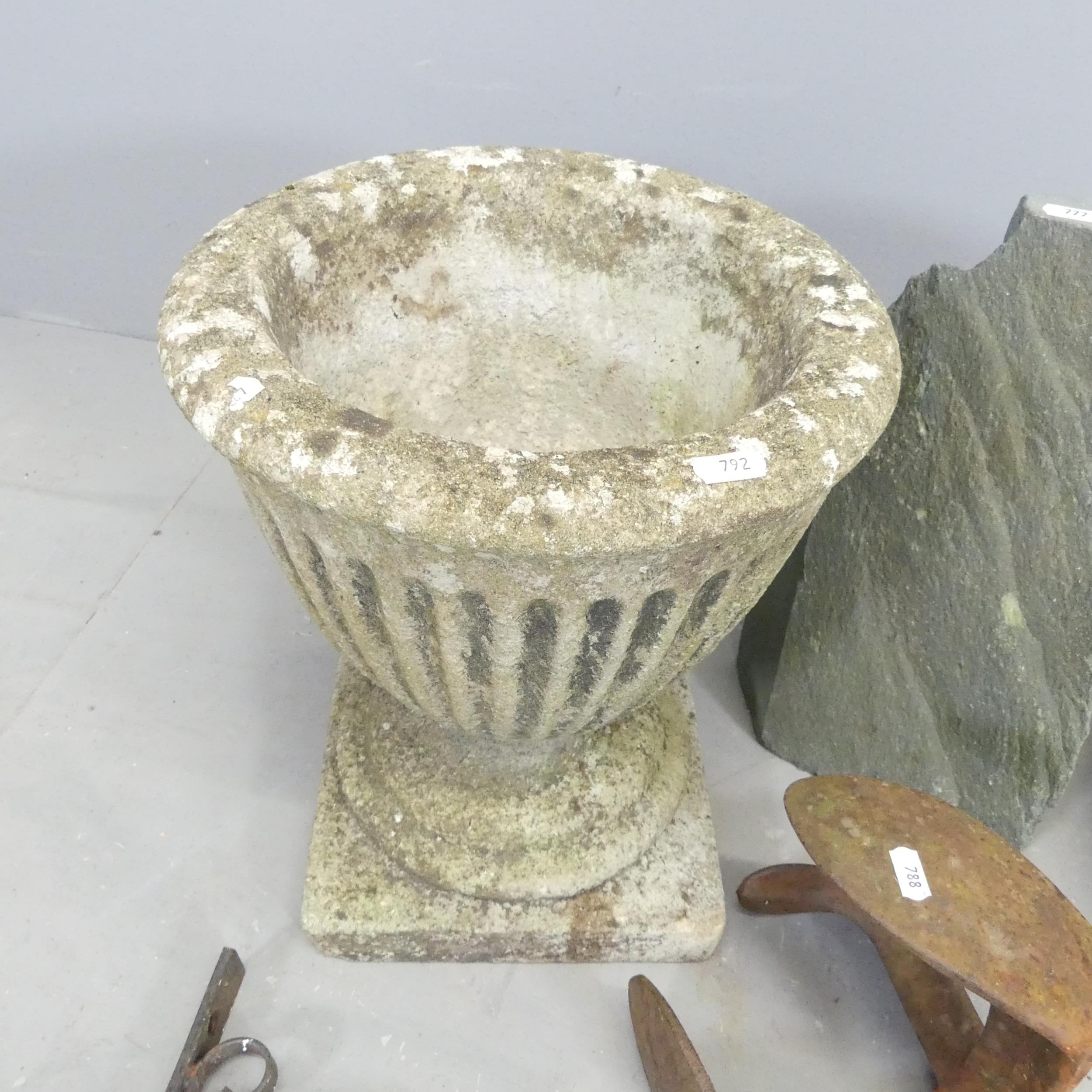 A weathered concrete garden urn with fluted decoration, 31x37cm, a pair of cobbler's anvils, etc. - Image 2 of 2