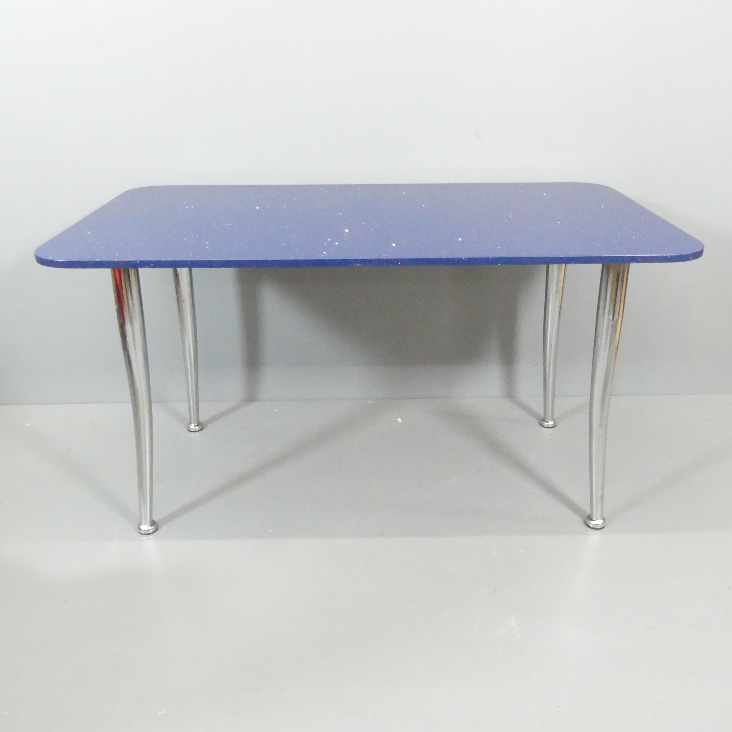 A 1980s dining table with sparkle blue quartz stone top on chrome swept out legs. 140x75x80cm.