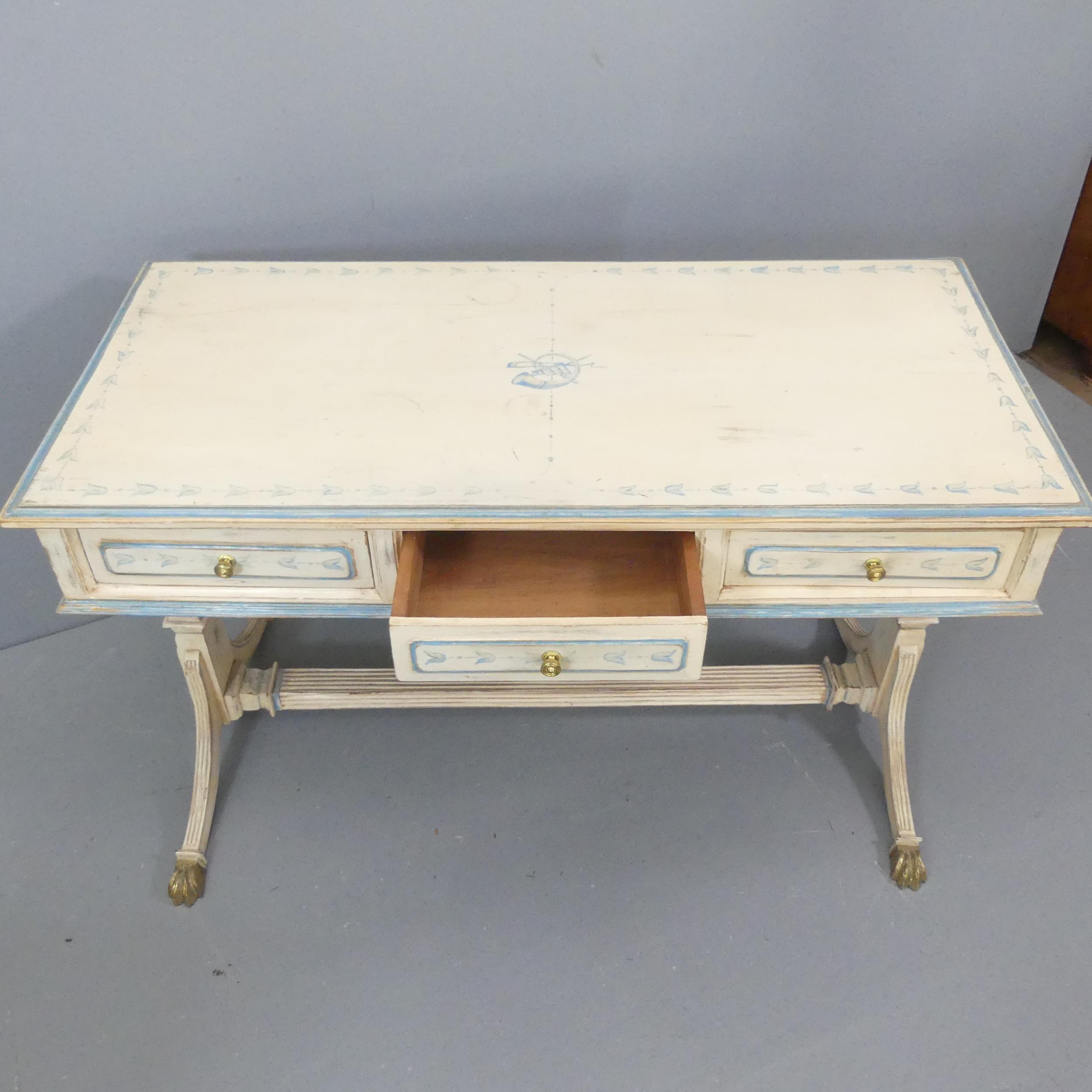 A painted mahogany Regency-style stretcher table, with three drawers and carved decoration. - Image 2 of 2