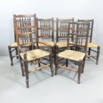 A matched set of six North Country style rush-seated dining chairs, with bobbin-turned backs. (5+