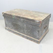 A vintage stained pine tool box, with tray fitted interior. 94x46x49cm.