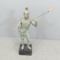 A verdigris spelter garden statue, study of an ancient Greek figure. Height 72cm. Spear clearly