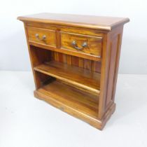 A modern hardwood open bookcase, with two drawers and two fixed shelves. Labelled for Ancient