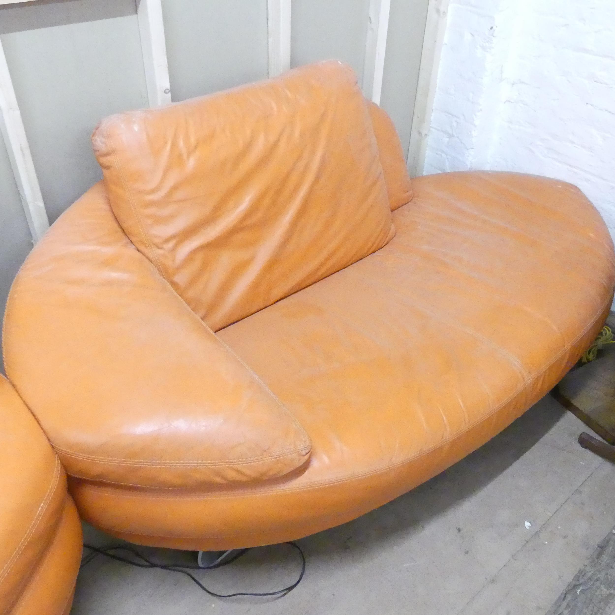 A contemporary orange leather upholstered lounge suite comprising a two-seater sofa, chaise longue - Image 2 of 3