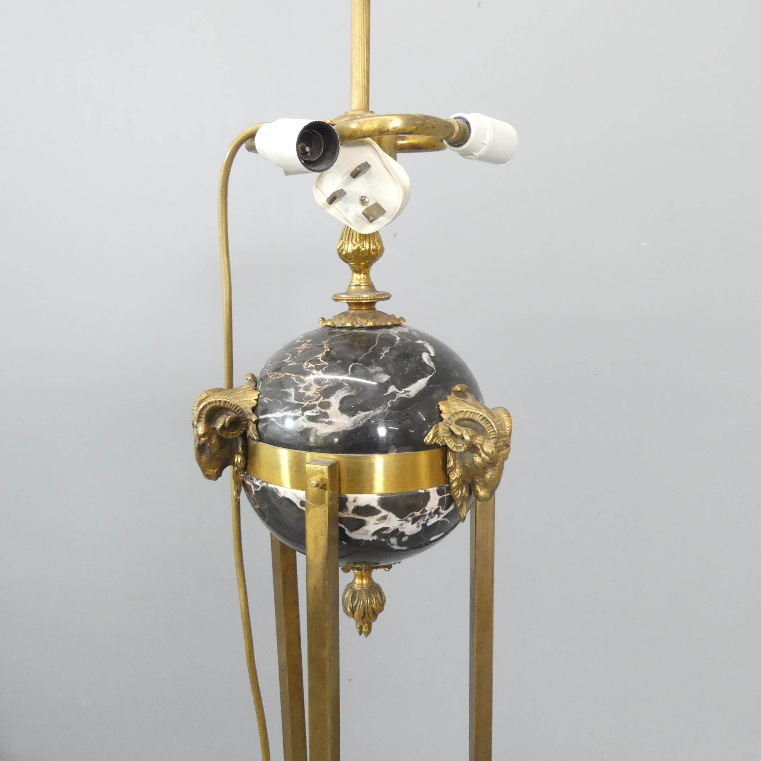 An Empire style brass standard lamp, with marble ball and and rams-head mounts. Height overall - Image 2 of 2