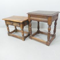 An oak joint stool, 43x49x35cm, and an oak low side table with single drawer and all-around