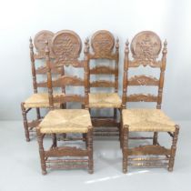 A set of four Spanish oak colonial style ladder-back rush-seated dining chairs,.