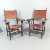 A pair of antique oak and upholstered Renaissance style throne chairs. Overall 66x125x62cm, seat