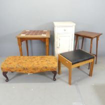 A painted pine pot cupboard, 40x92x42cm, a mahogany and upholstered fender stool, a tile-top