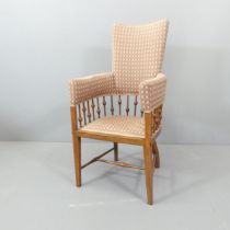 Victorian Arts and Crafts beech-framed chair, with bobbin spindled gallery, width 50cm Frame is