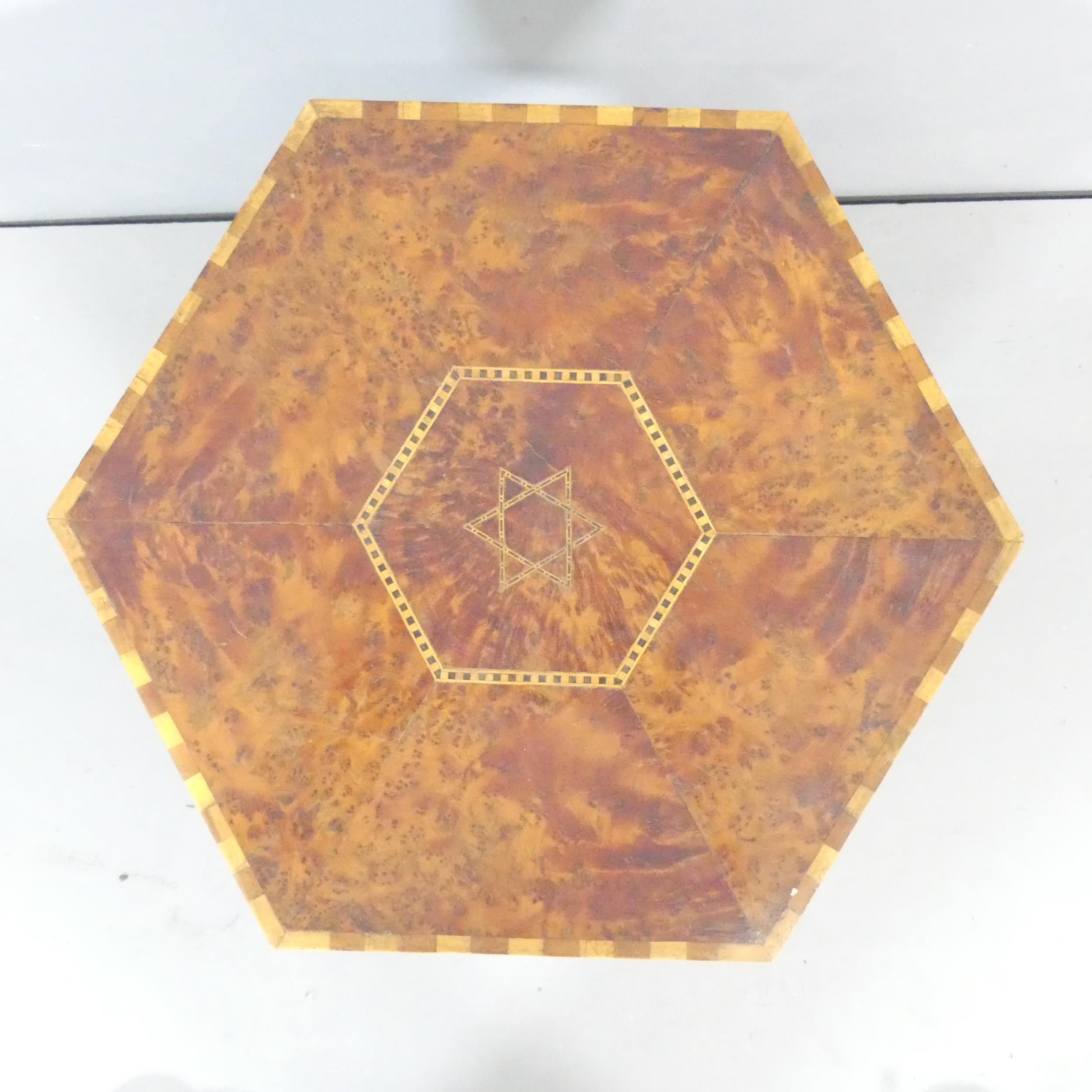 An antique Islamic Amboyna and satinwood strung hexagonal occasional table, with inlaid - Image 2 of 2