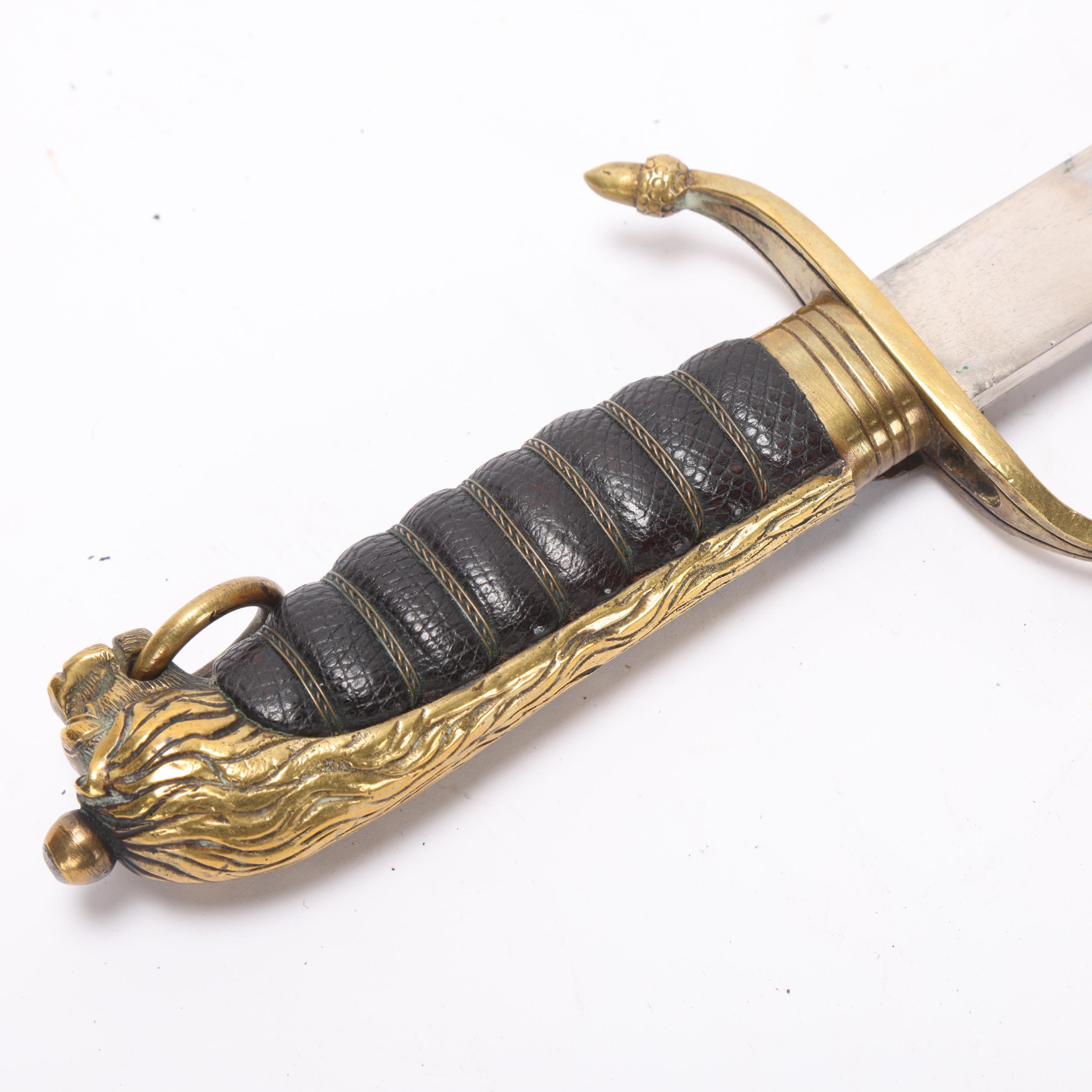 A Navy Mid-Shipman's dirk, etched blade with cipher, original brass-mounted leather scabbard, - Image 3 of 3