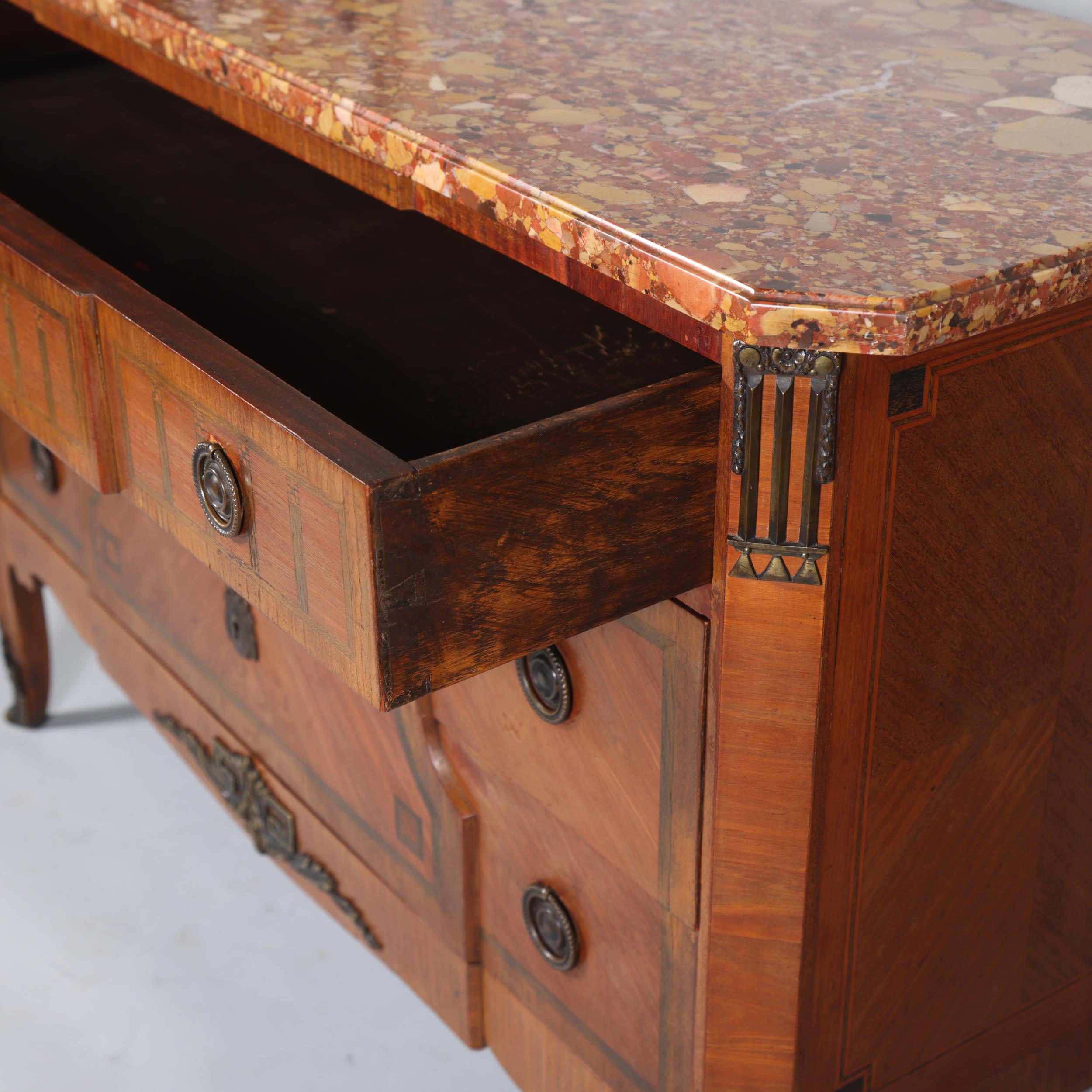 A French marble-topped 3-drawer commode, with inlaid drawer fronts, width 121cm Good condition - Image 3 of 8