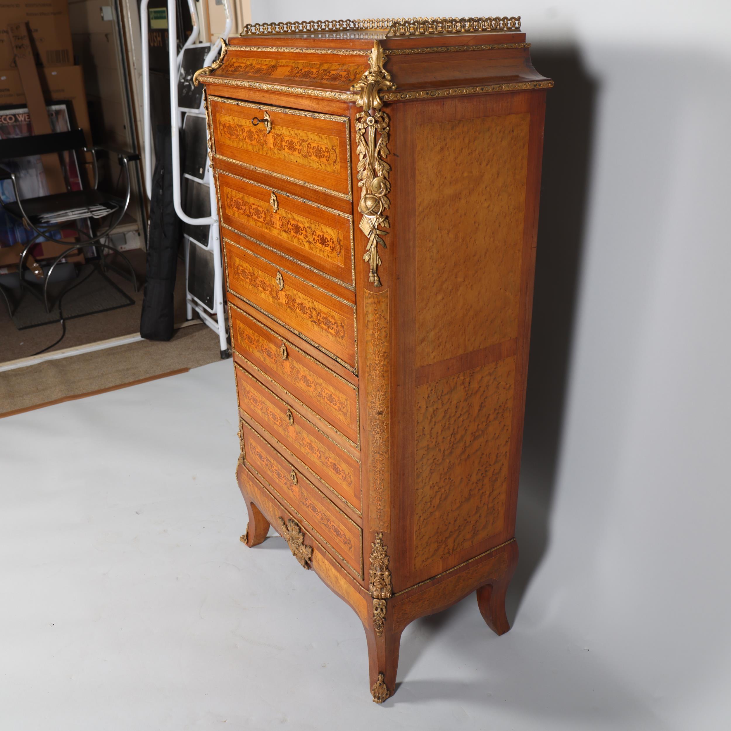 An ornate French mahogany and marquetry inlaid writing cabinet, circa 1900, brass galleried top with - Image 2 of 7