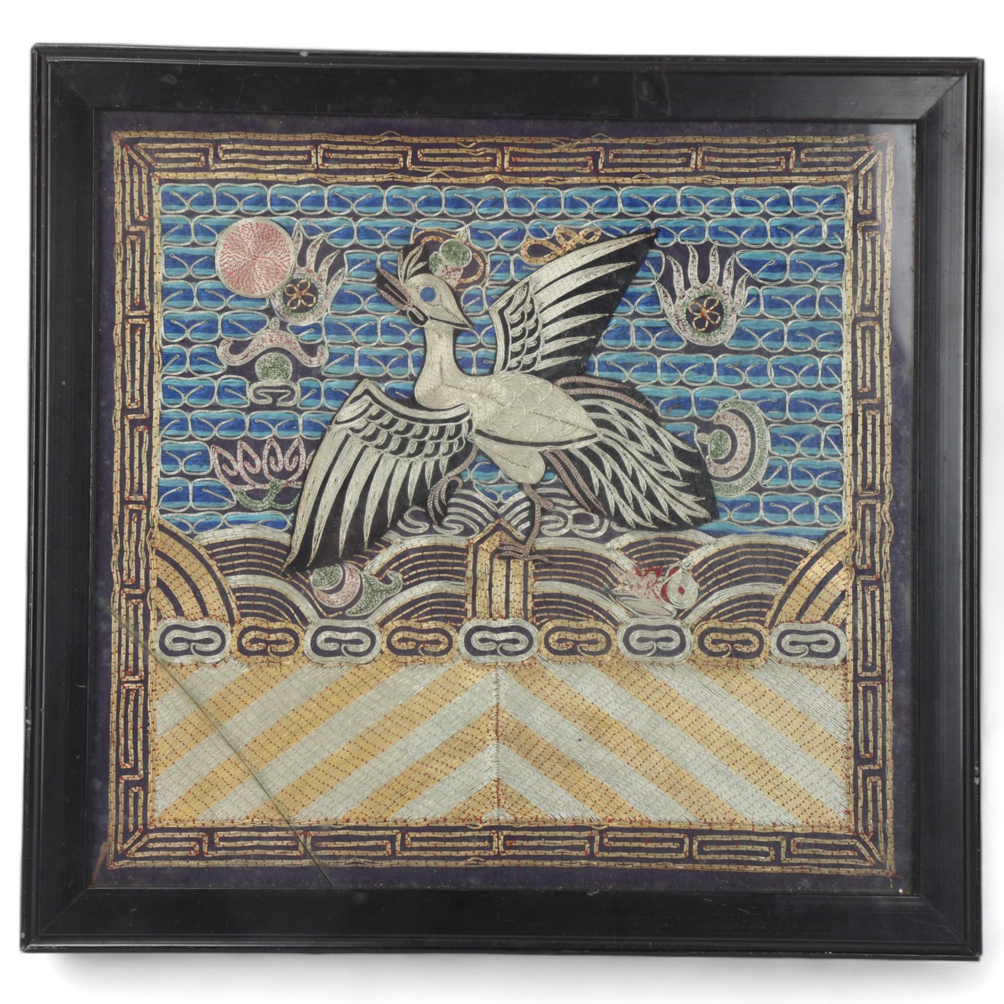 A Chinese gold and silver embroidered panel depicting a phoenix, modern frame, overall frame