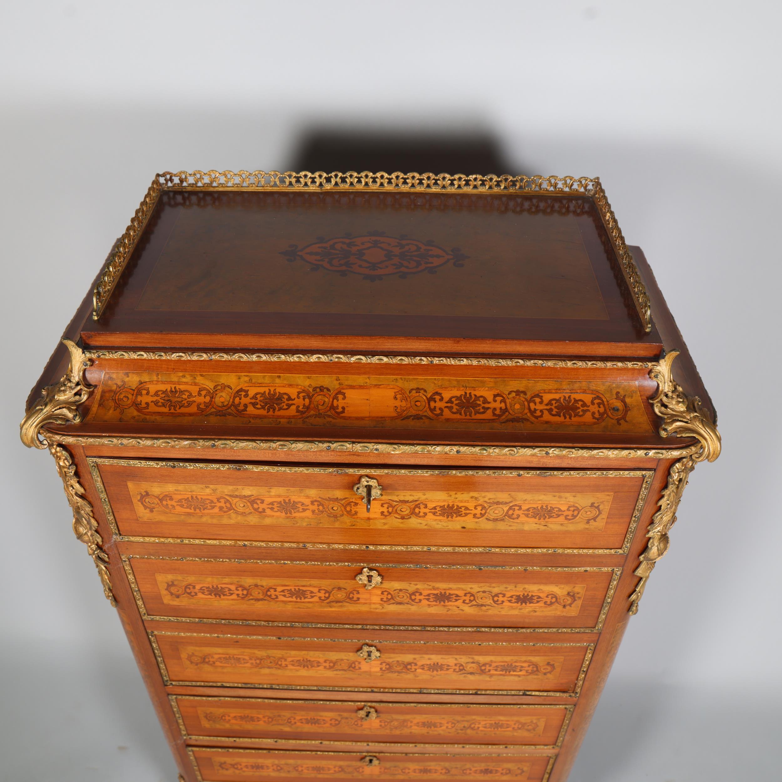 An ornate French mahogany and marquetry inlaid writing cabinet, circa 1900, brass galleried top with - Image 4 of 7