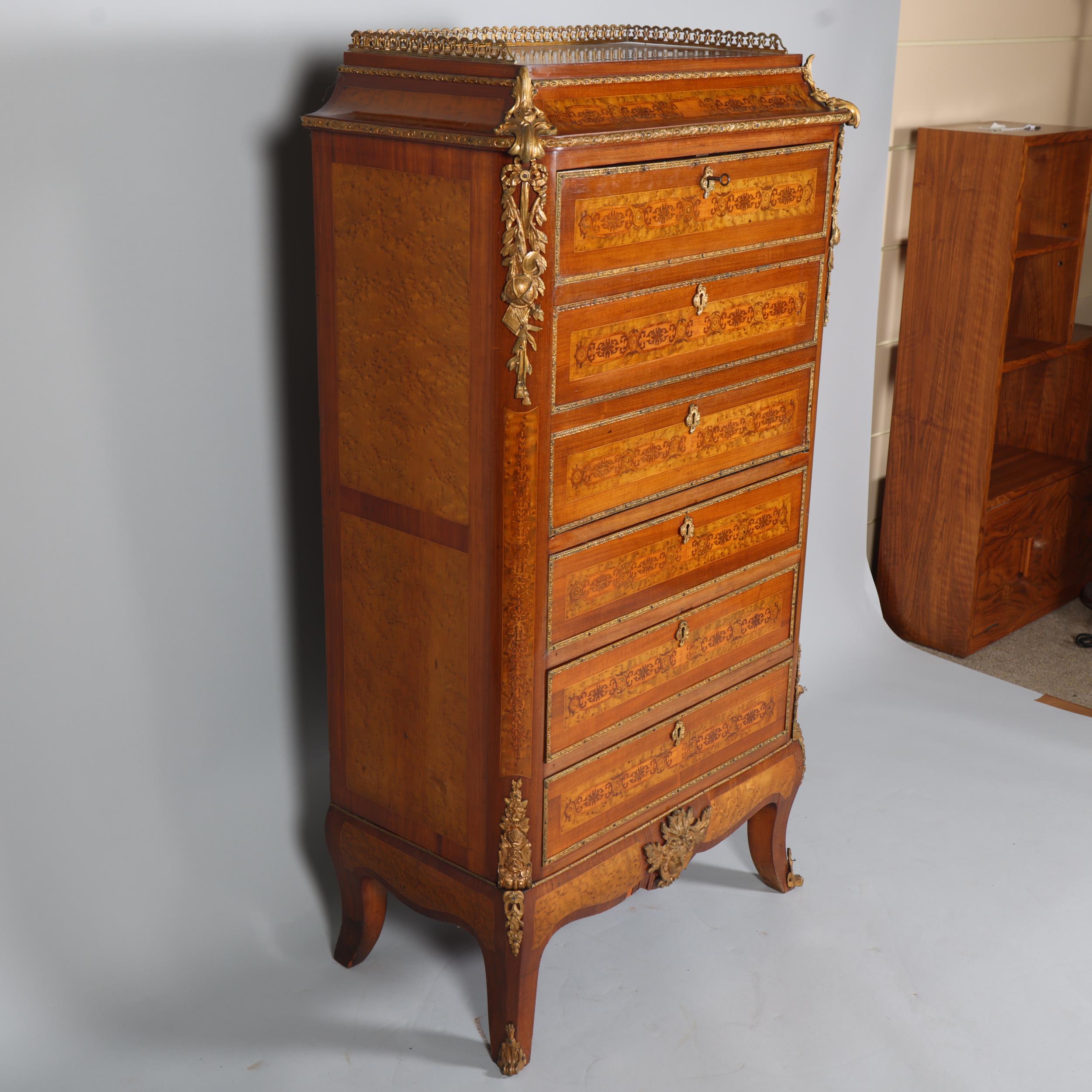 An ornate French mahogany and marquetry inlaid writing cabinet, circa 1900, brass galleried top with - Image 3 of 7