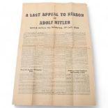 A Last Appeal To Reason by Adolf Hitler, original Second World War Period propaganda paper,