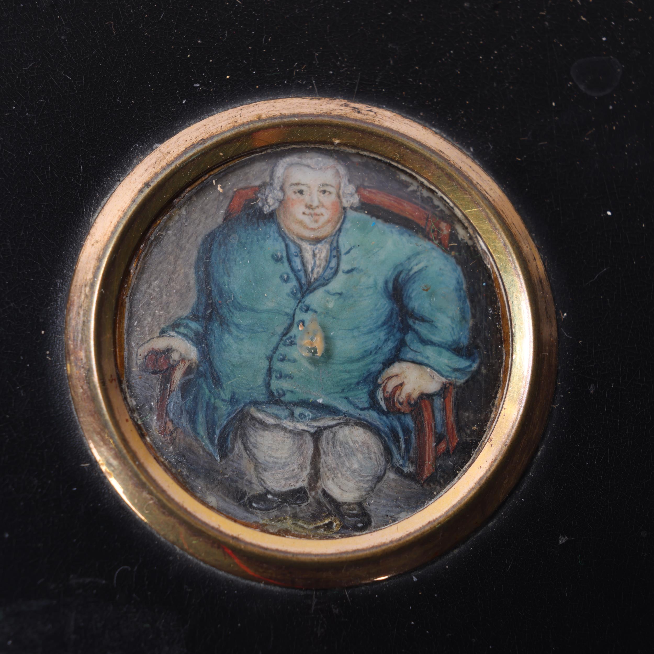 Miniature portrait of a fat man in a chair, watercolour on card, unsigned, in original lacquer - Image 2 of 3