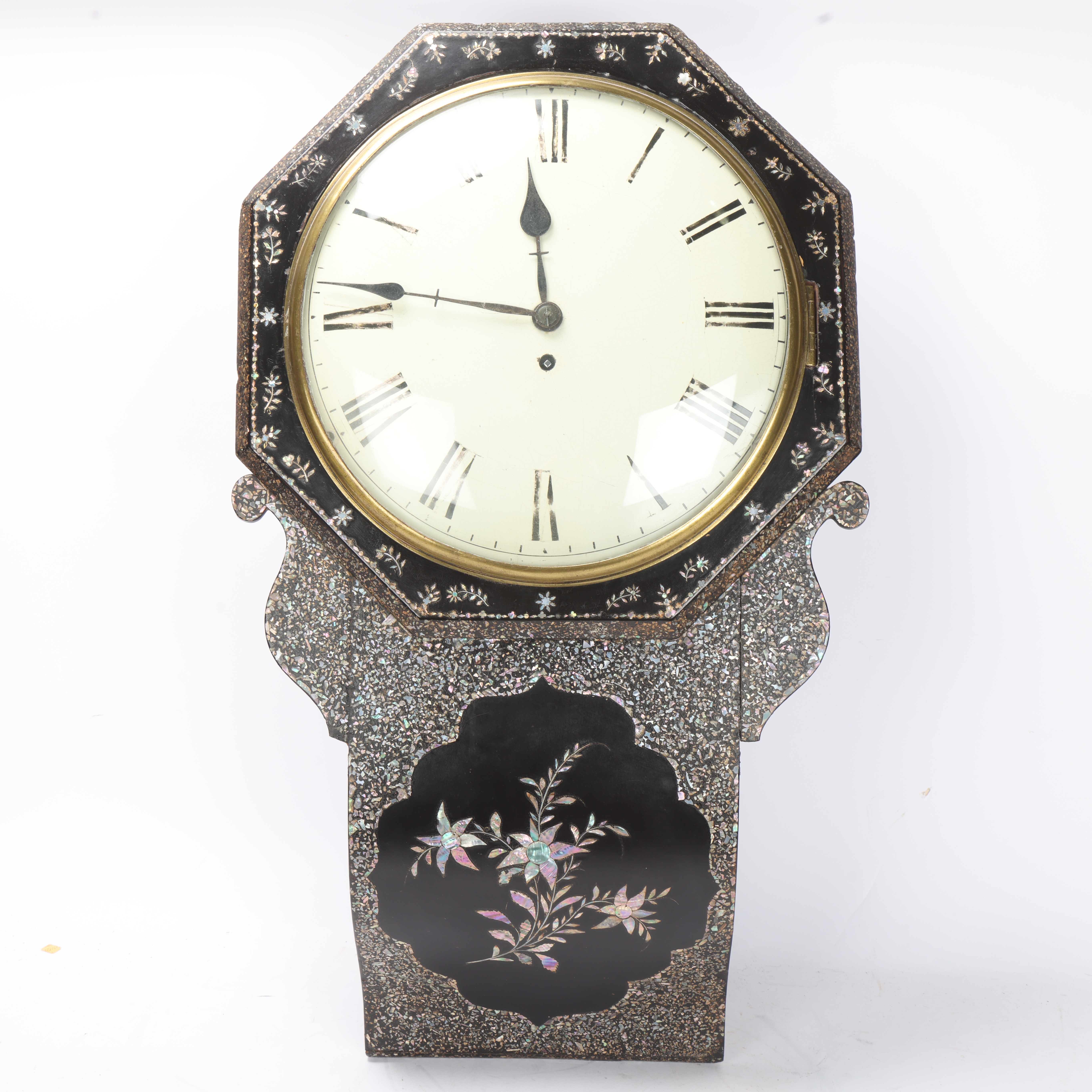 A papier-mache cased wall clock with abalone insert decoration and a fusee movement, height 65cm