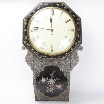 A papier-mache cased wall clock with abalone insert decoration and a fusee movement, height 65cm