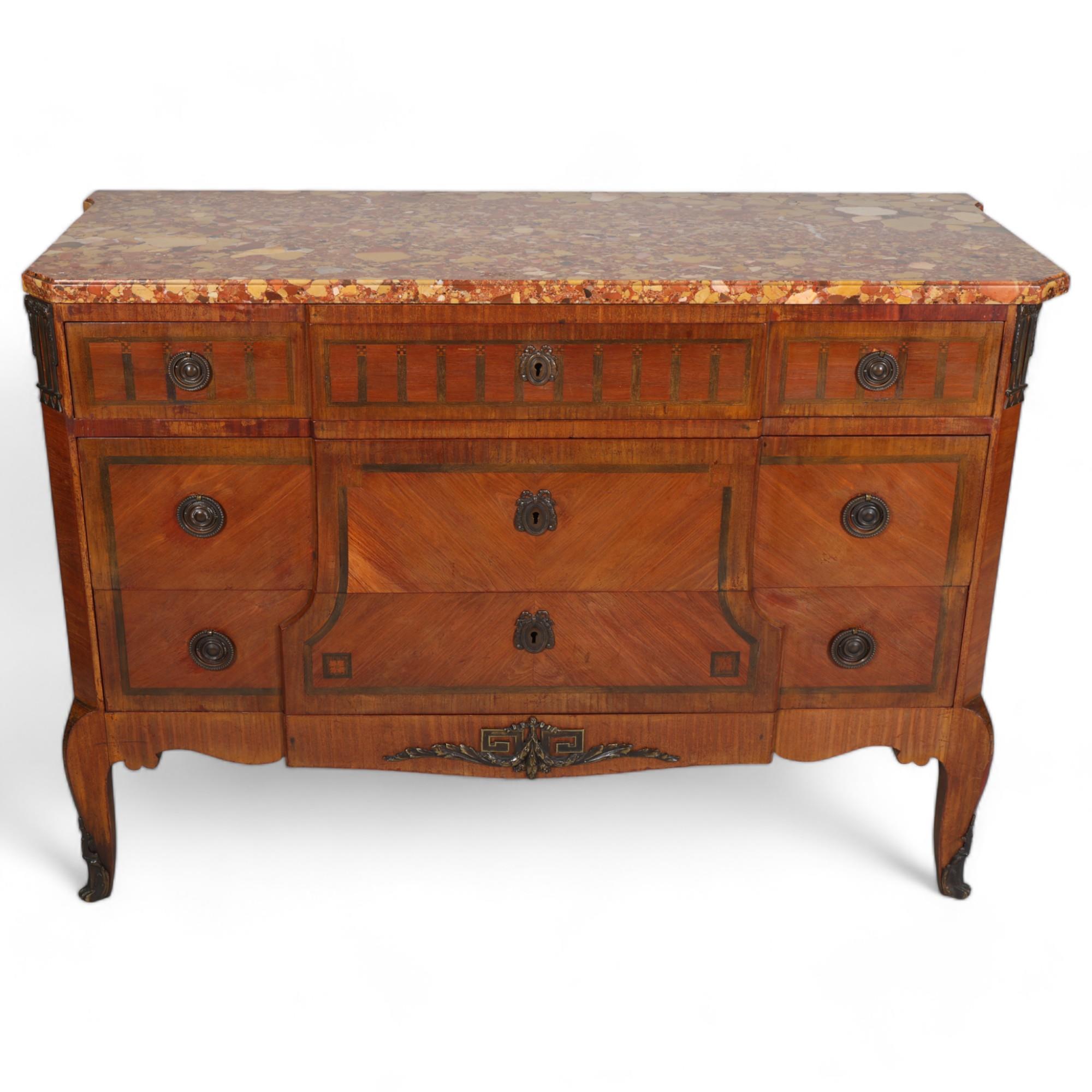 A French marble-topped 3-drawer commode, with inlaid drawer fronts, width 121cm Good condition