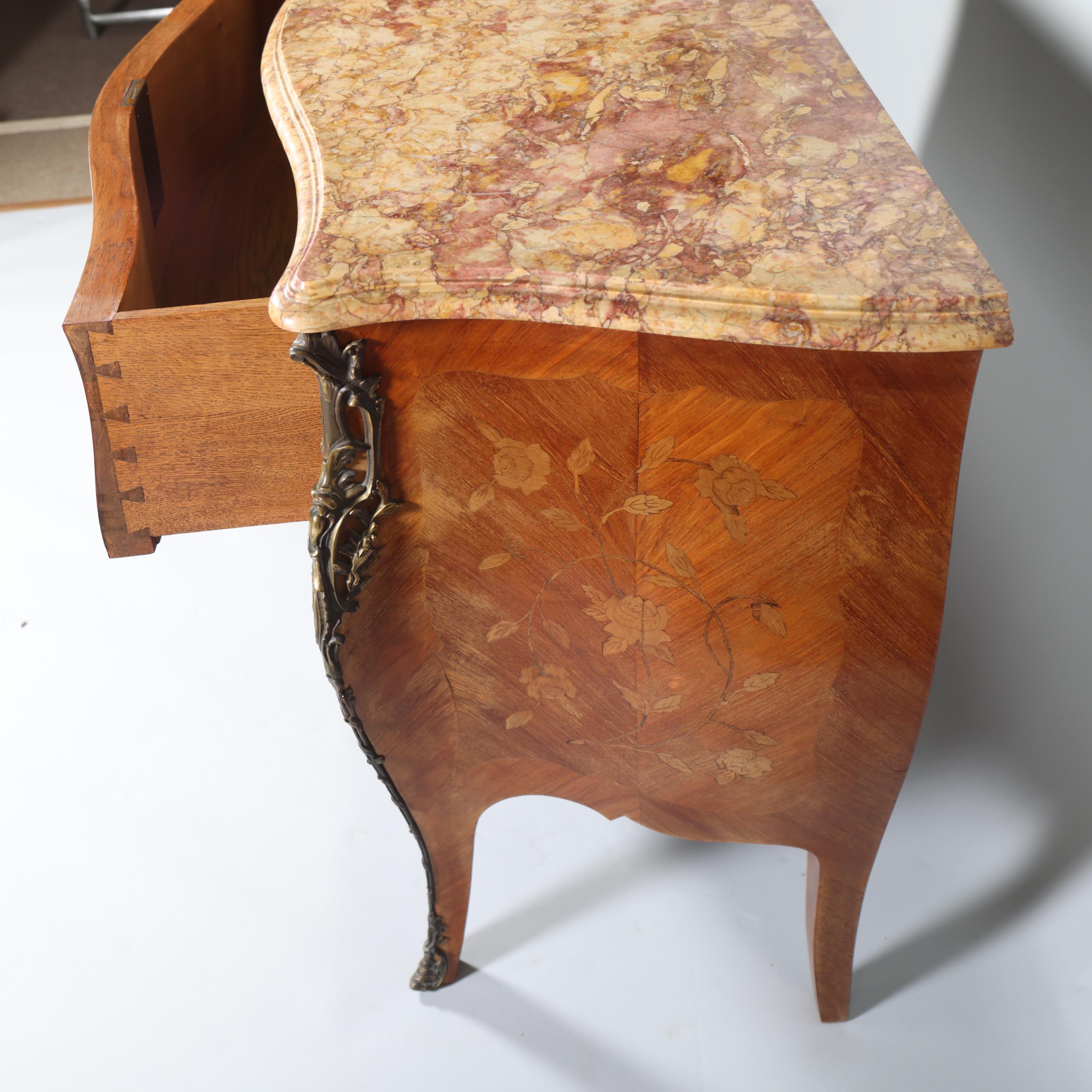 A French marble-topped 2-drawer commode, with inlaid marquetry and ormolu mounts, width 124cm Good - Image 5 of 6