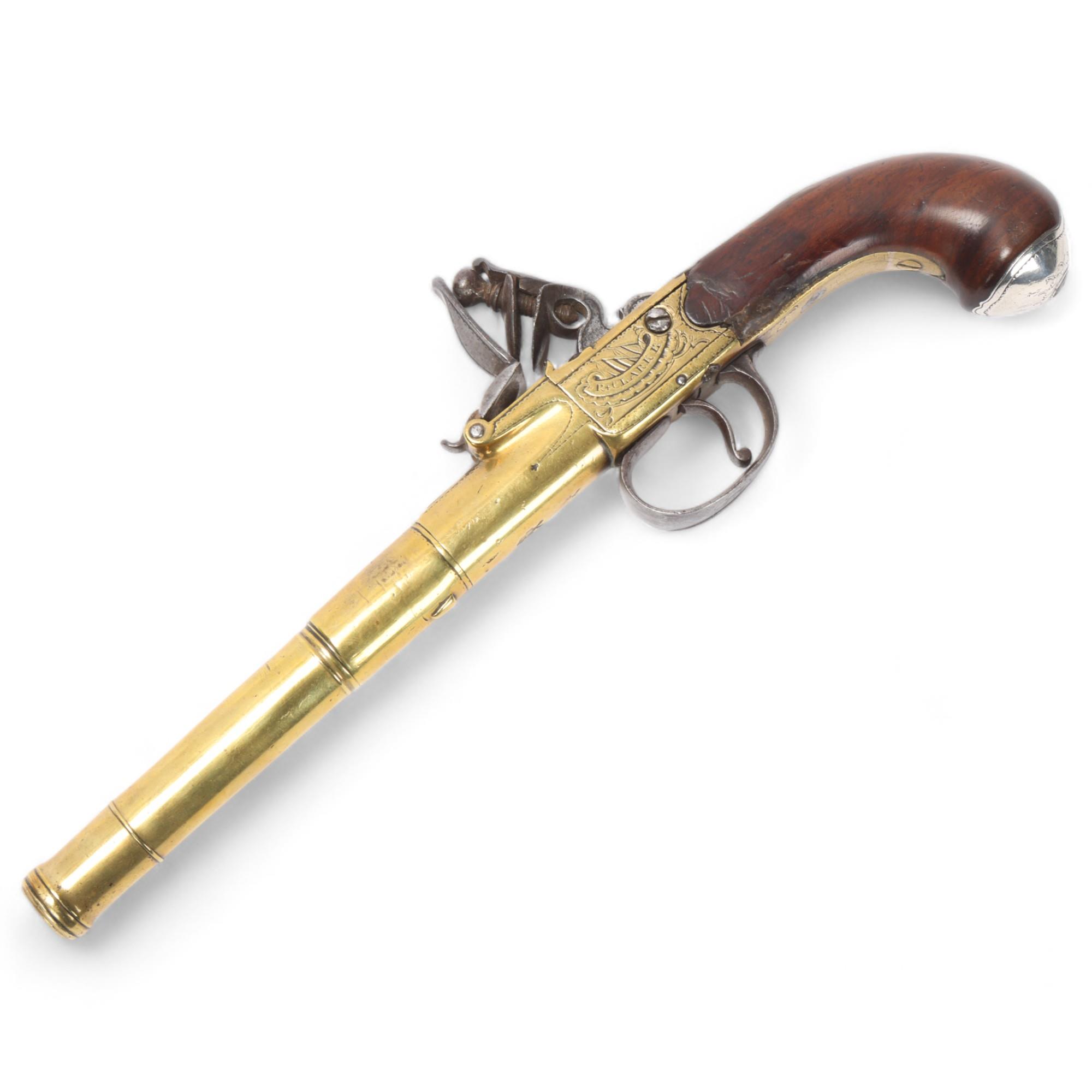 An 18th century brass cannon barrel flintlock pistol, by Clarke of Cheapside London, serial no. 102,