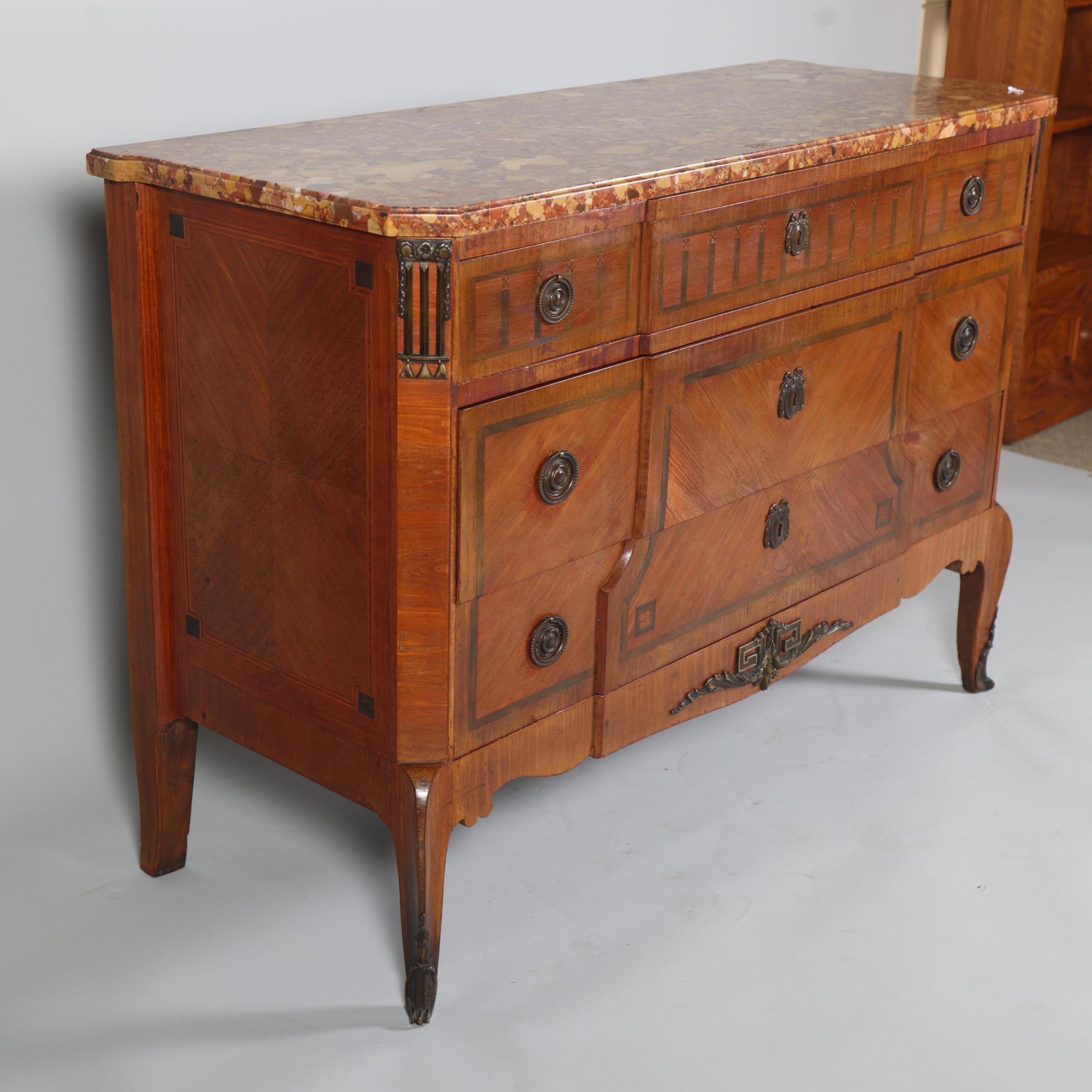 A French marble-topped 3-drawer commode, with inlaid drawer fronts, width 121cm Good condition - Image 5 of 8