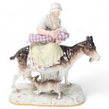 19th century Meissen porcelain figure of woman and infant on a goat, height 17cm