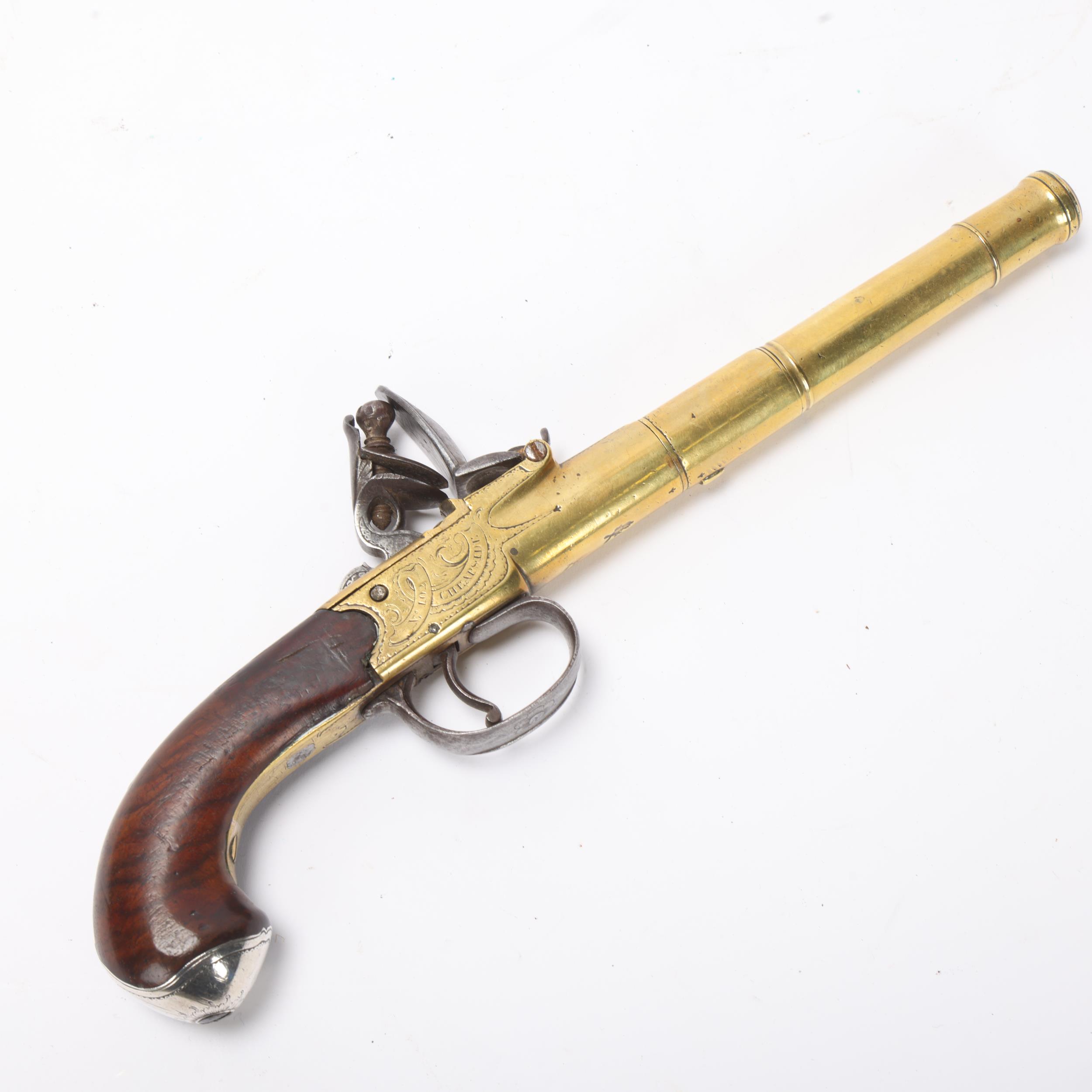 An 18th century brass cannon barrel flintlock pistol, by Clarke of Cheapside London, serial no. 102, - Image 3 of 3