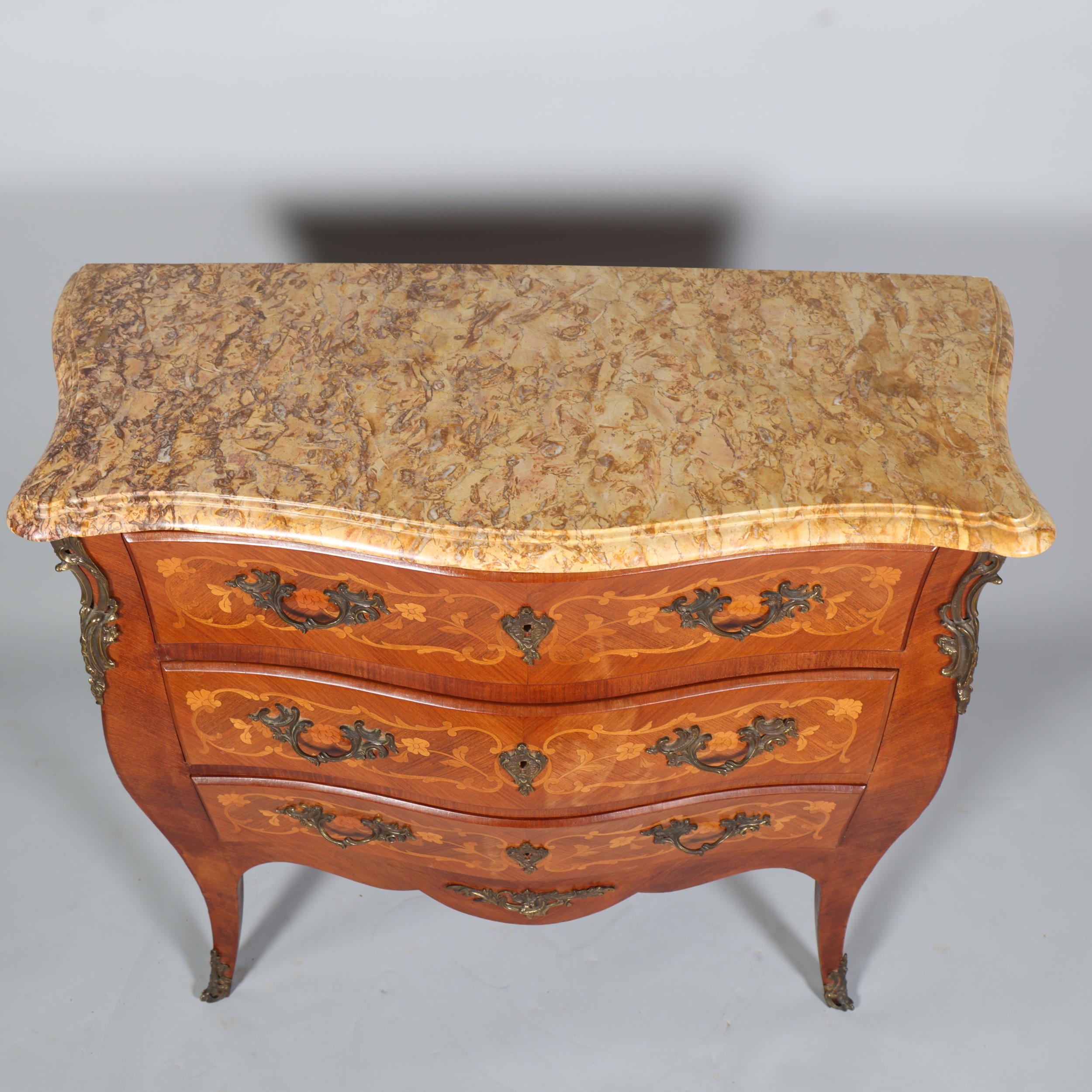 A French marble-topped 3-drawer commode, with inlaid marquetry and ormolu mounts, width 105cm Good - Image 3 of 6