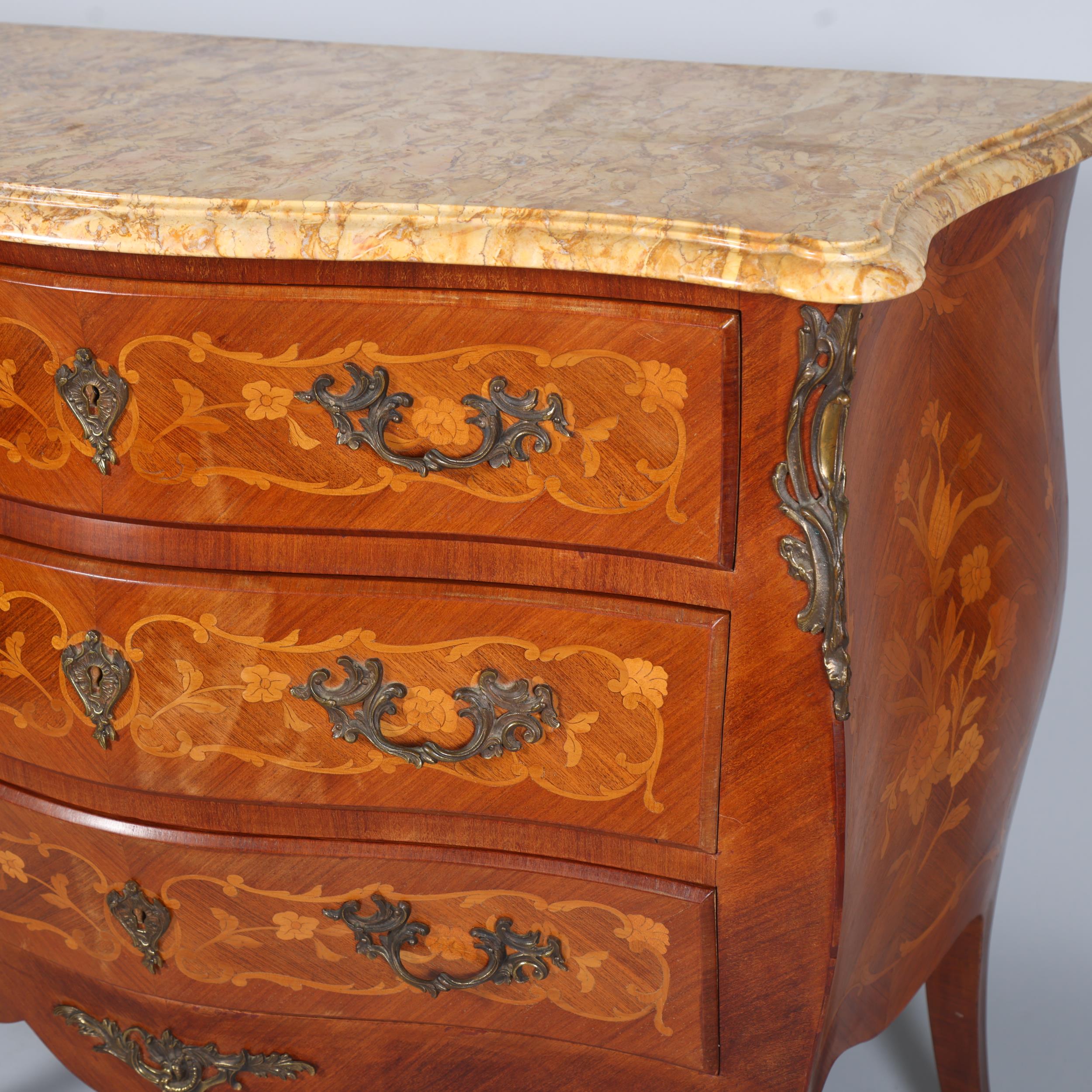 A French marble-topped 3-drawer commode, with inlaid marquetry and ormolu mounts, width 105cm Good - Image 6 of 6