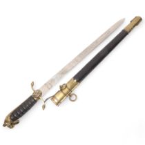 A Navy Mid-Shipman's dirk, etched blade with cipher, original brass-mounted leather scabbard,
