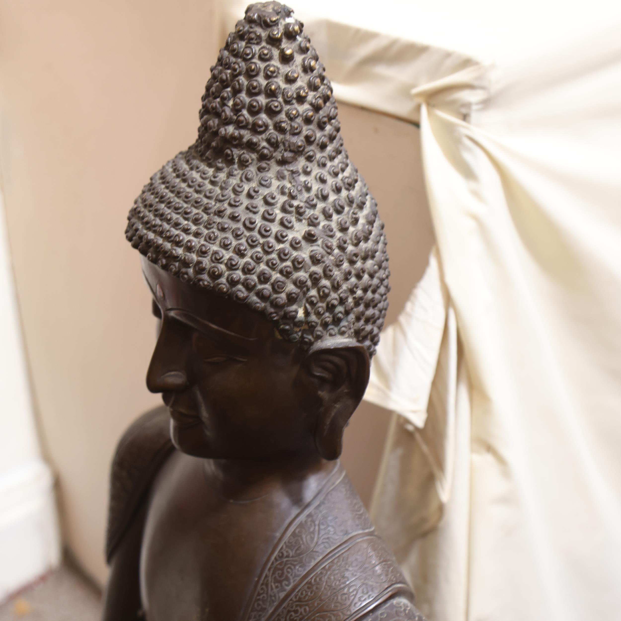 A large Chinese patinated bronze seated Buddha, resting on lotus design base, height 85cm Good - Image 2 of 3