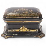 A Victorian gilded papier mache sarcophagus-shaped tea caddy, with inner lids There is an old repair