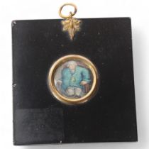 Miniature portrait of a fat man in a chair, watercolour on card, unsigned, in original lacquer