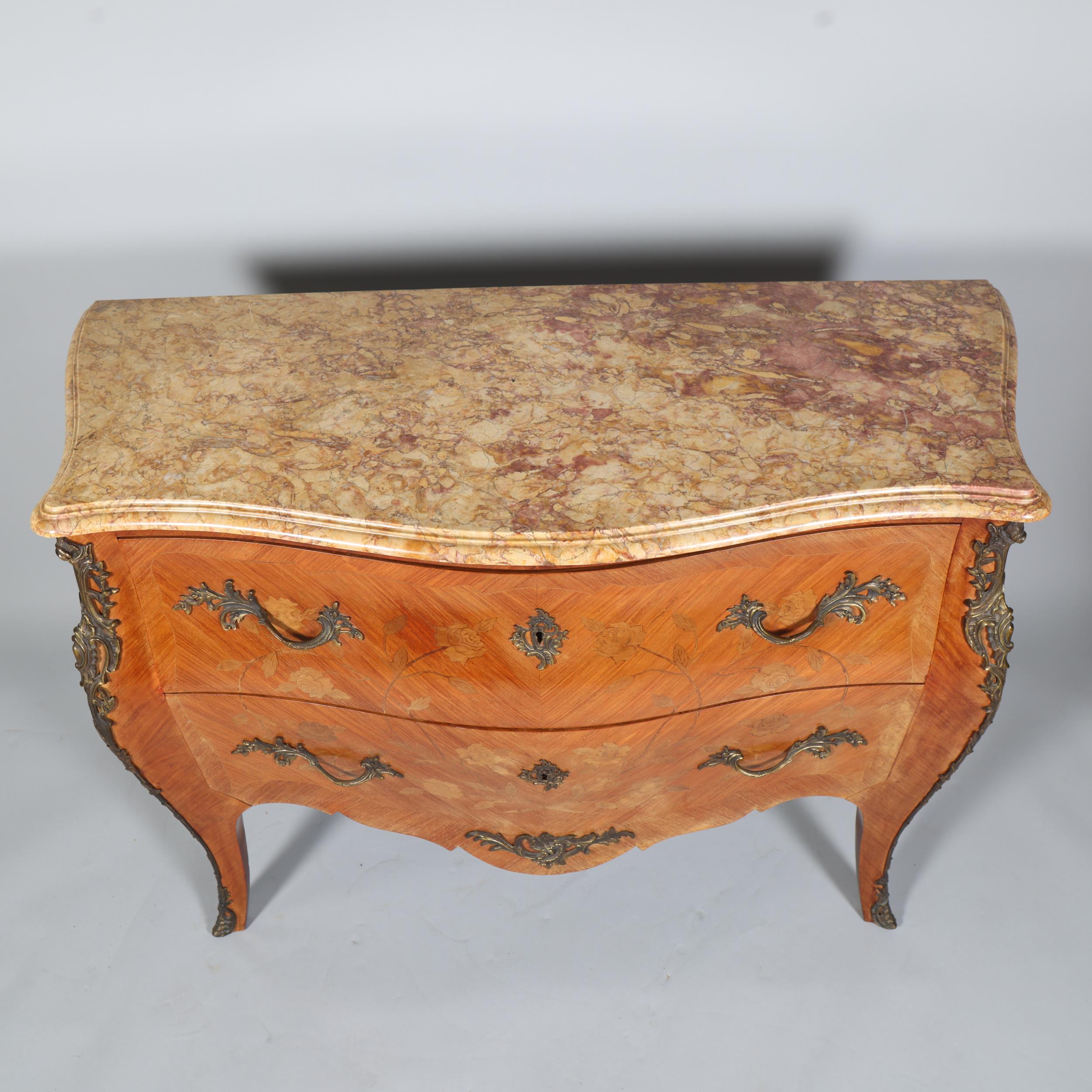 A French marble-topped 2-drawer commode, with inlaid marquetry and ormolu mounts, width 124cm Good - Image 3 of 6