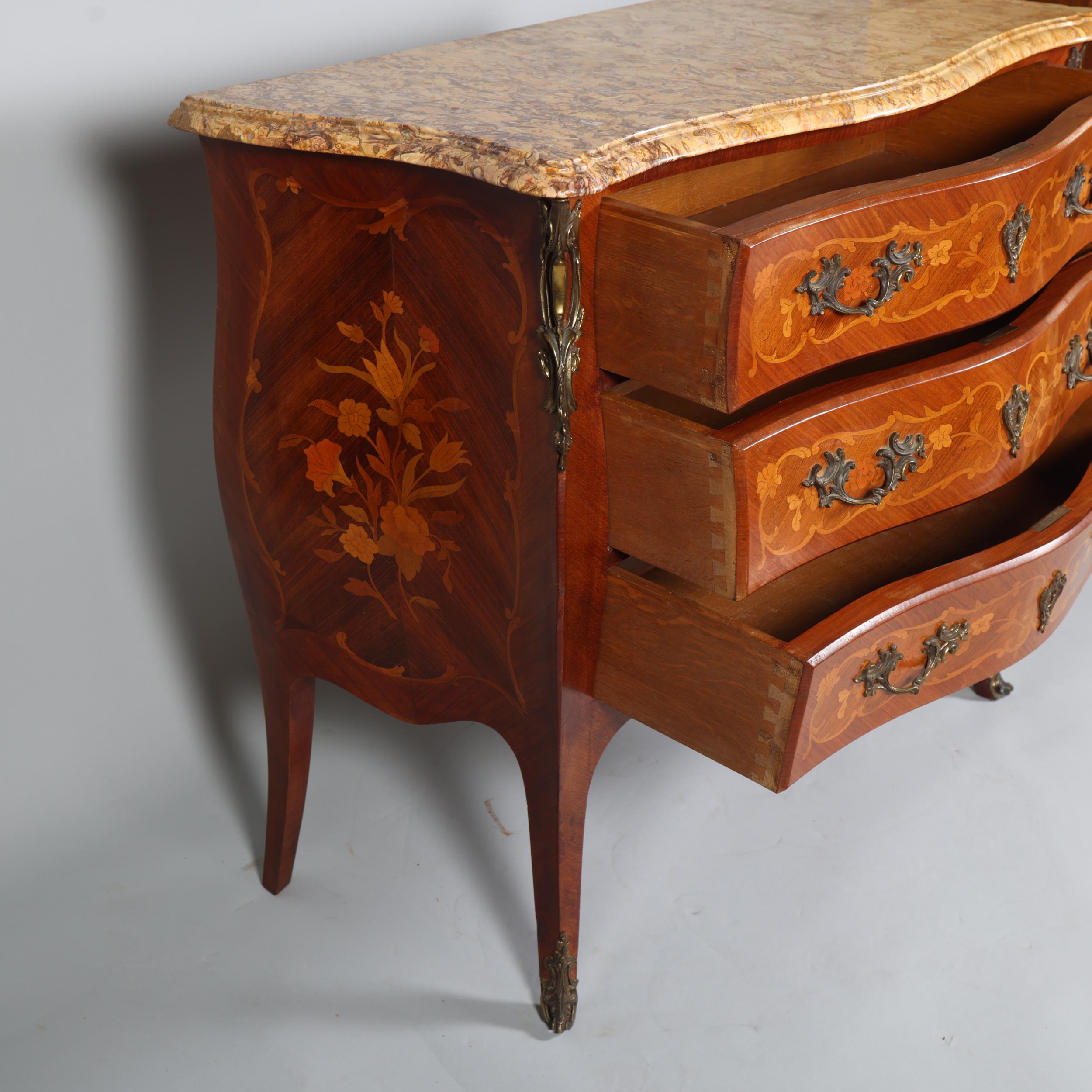 A French marble-topped 3-drawer commode, with inlaid marquetry and ormolu mounts, width 105cm Good - Image 5 of 6