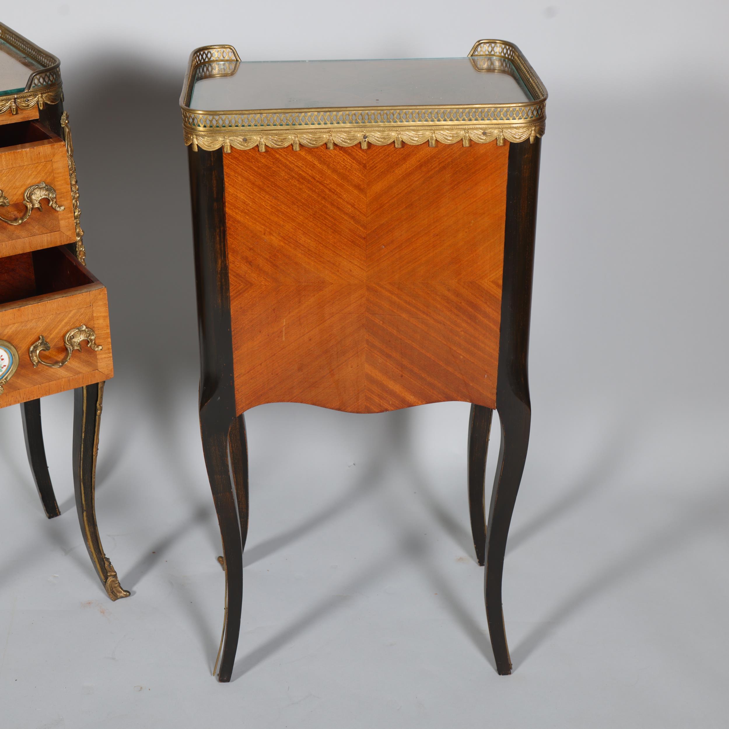 A pair of French walnut 2-drawer bedside chests, inset porcelain plaques to the drawer fronts, brass - Image 7 of 7
