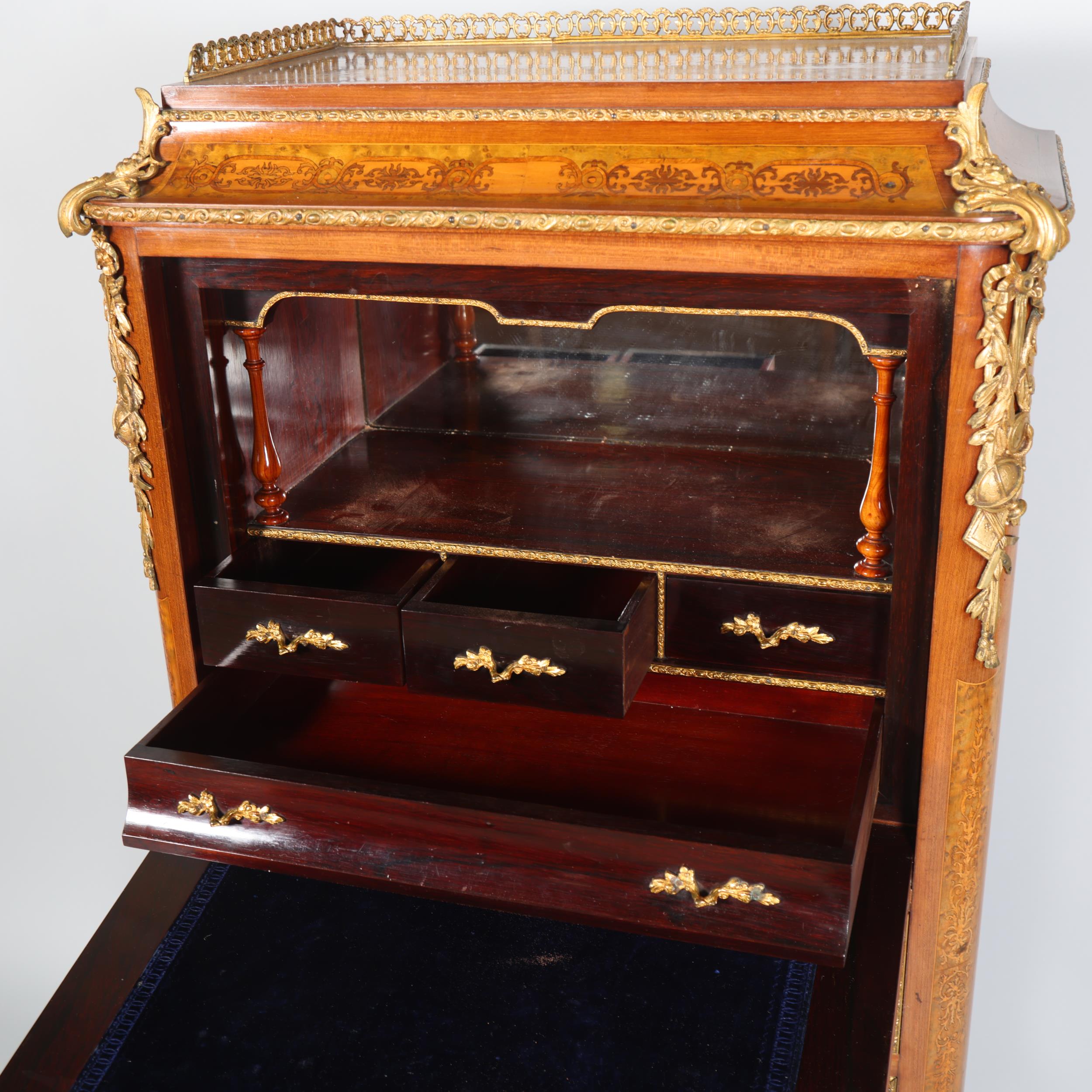 An ornate French mahogany and marquetry inlaid writing cabinet, circa 1900, brass galleried top with - Image 6 of 7