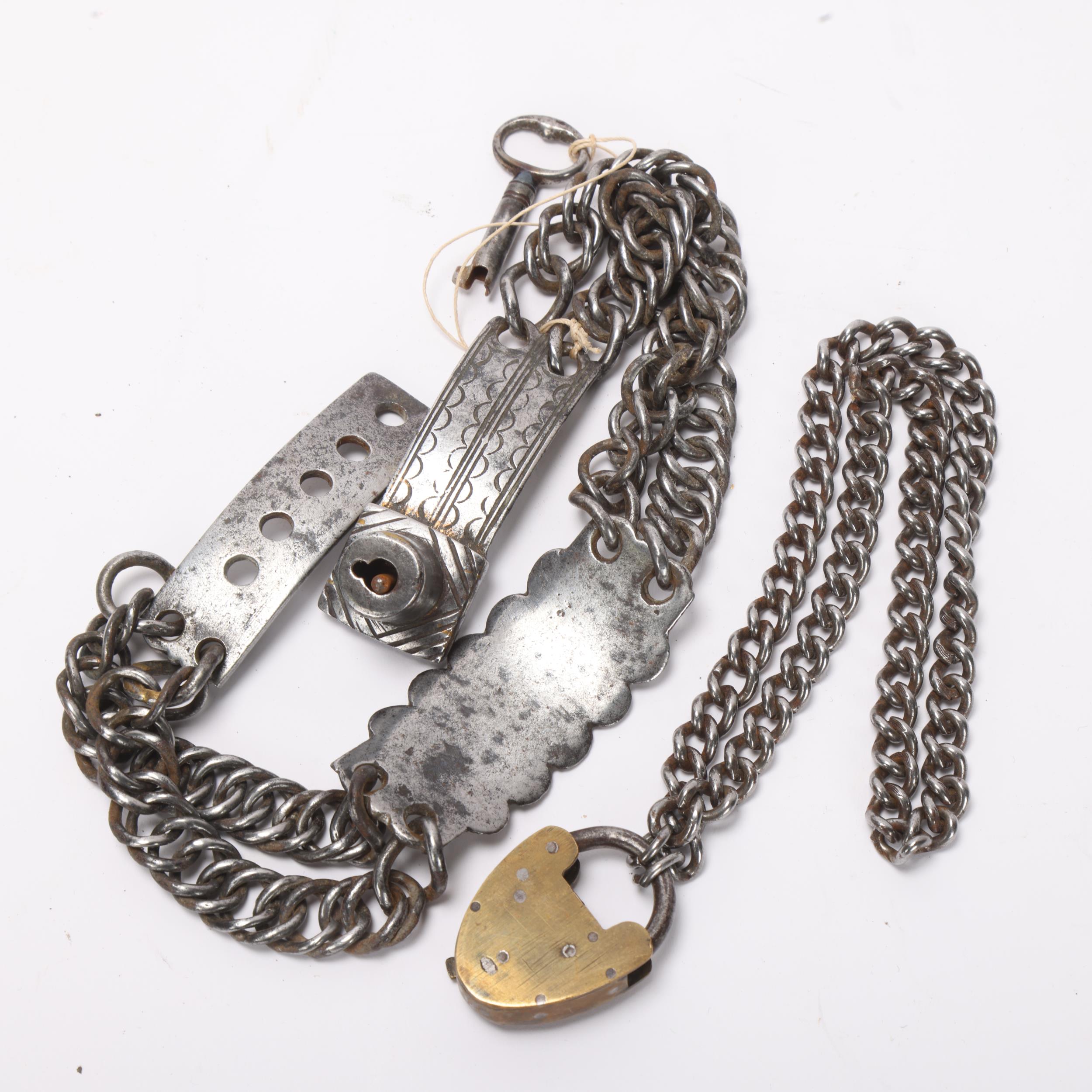 An Antique steel curb link dog collar, with panel engraved James Brook Biddenden, complete with key, - Image 3 of 3